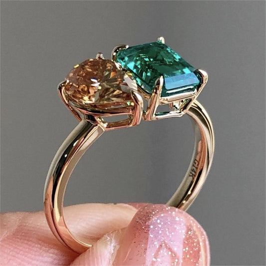 Fashion Creative Double Main Stone Lady Green Yellow Zircon Square Stone Ring