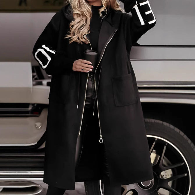 Women's Hooded Long Jacket Knit-Sleeved Trench Coat