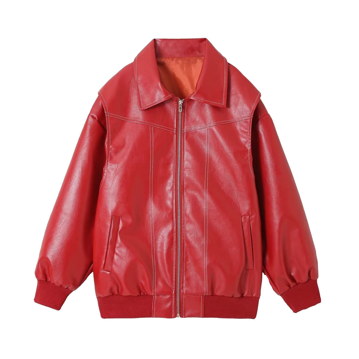 Loose Fashion Lapel Zip-up Long Sleeve Leather Jacket