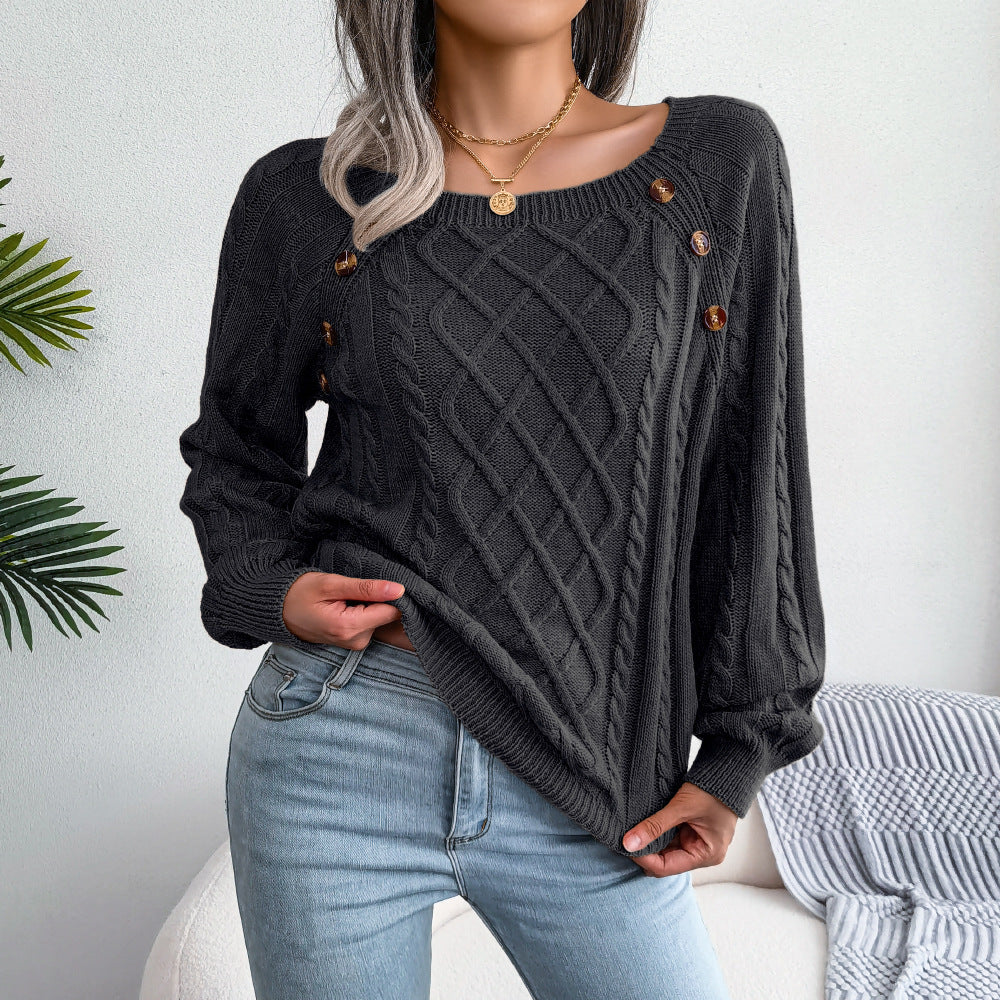 Ladies Square Neck Long Sleeve Knitted Sweater With Button Design
