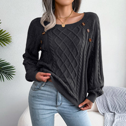 Ladies Square Neck Long Sleeve Knitted Sweater With Button Design