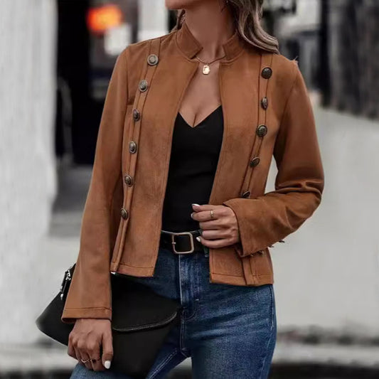 Short Jacket Double Breasted Decorative Design Retro Suede Long Sleeve