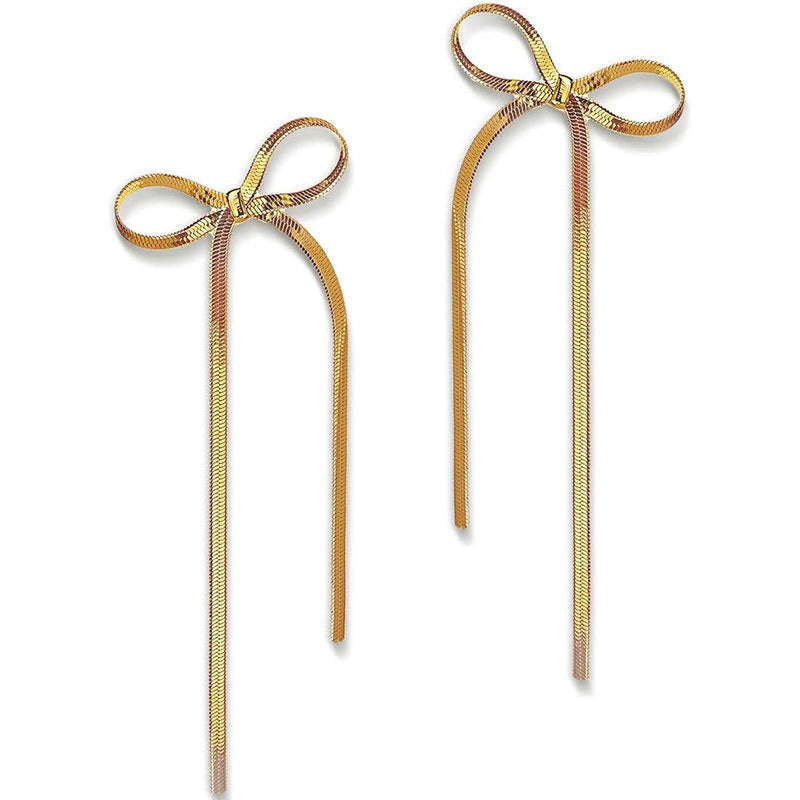 18k Gold Plated Stainless Steel Herringbone Bow Earrings