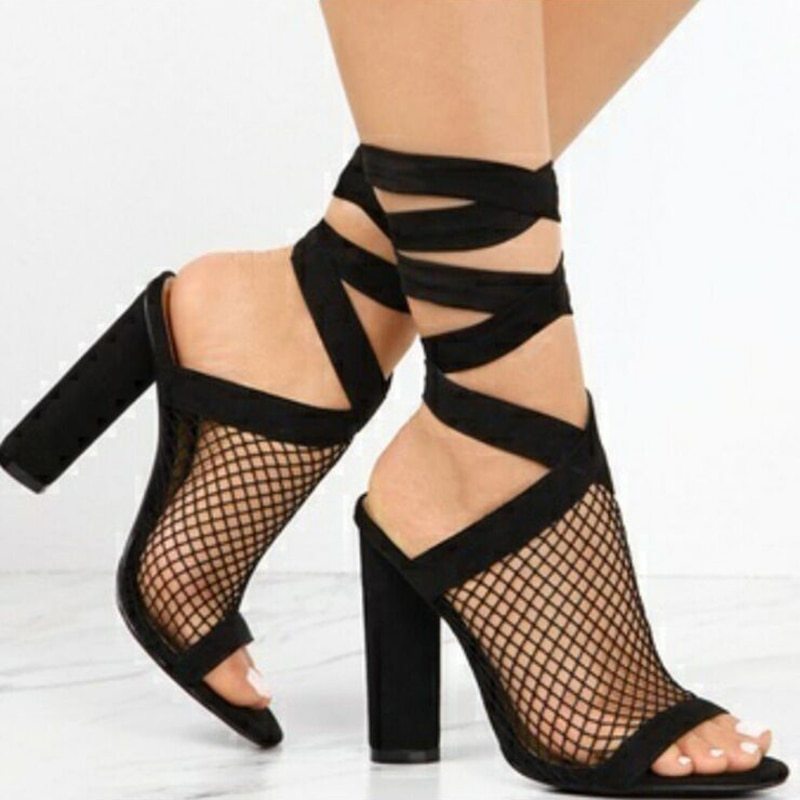 Women Sandals Bandage Flock Cross Strap Lace Up High Heels