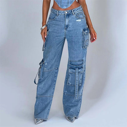 Women's Low Waist Three-dimensional Tube Top And Pocket Stitching Jeans Pants - 16th Avenue