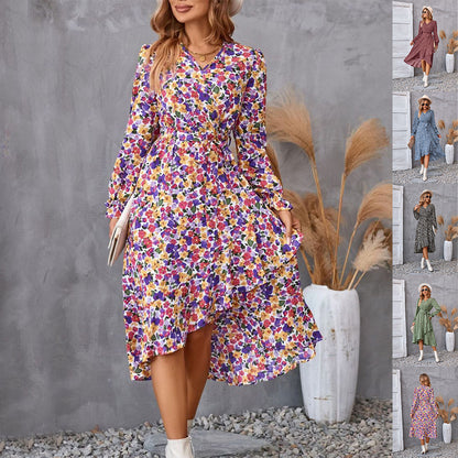 Flowers Print Long Sleeve Ruffled Commuter Temperament Dress - 16th Avenue