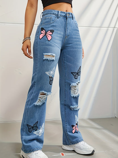 Women's High Waisted Butterfly Print Straight Leg Jeans - 16th Avenue