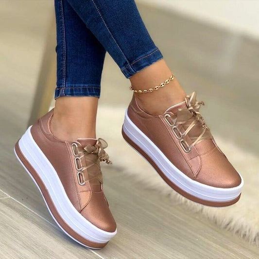 Fashion Flats Women's Ribbon Lace-up Platform Sneakers
