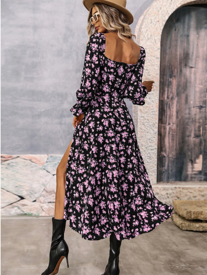 Flowers Print Long Sleeve Fashion Square-neck Bottom Slit Dress - 16th Avenue