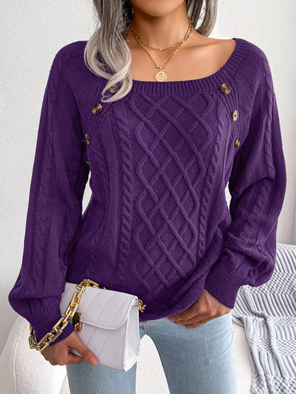 Ladies Square Neck Long Sleeve Knitted Sweater With Button Design