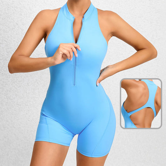Zippered Yoga Fitness Shorts Jumpsuit Tummy Control Butt Lifting Shape wear