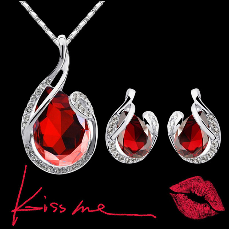 3pcs Rhinestone Necklace Set With Earrings Fashion Water-drop-shaped Jewelry For Women