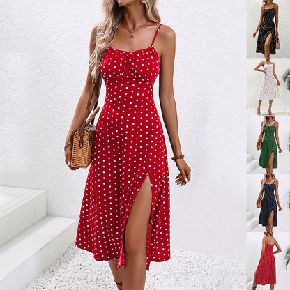 New Polka Dot Print Suspender Sexy Slit Summer Long Dress - 16th Avenue
