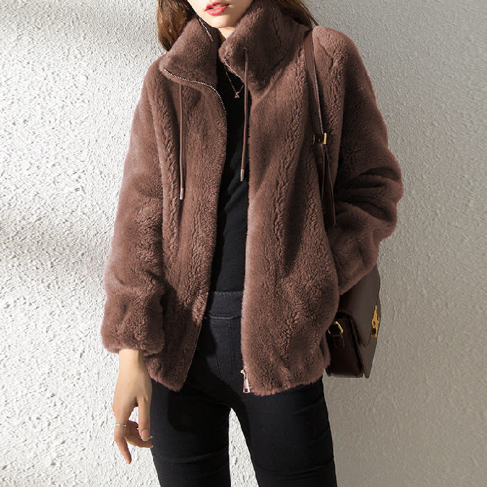 Double Faced Fleece Warm High Neck Women's Cardigan Sweater
