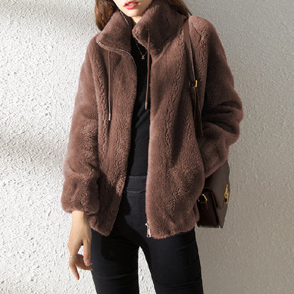 Double Faced Fleece Warm High Neck Women's Cardigan Sweater