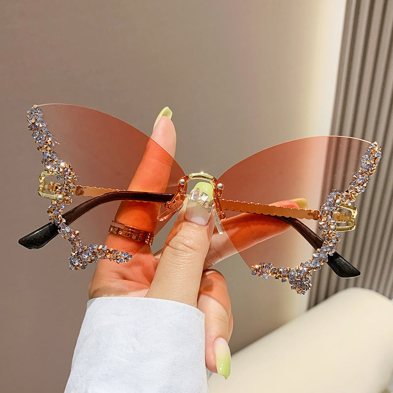 Luxury Diamond Butterfly Sunglasses Y2K Vintage Rimless Oversized Sun Glasses