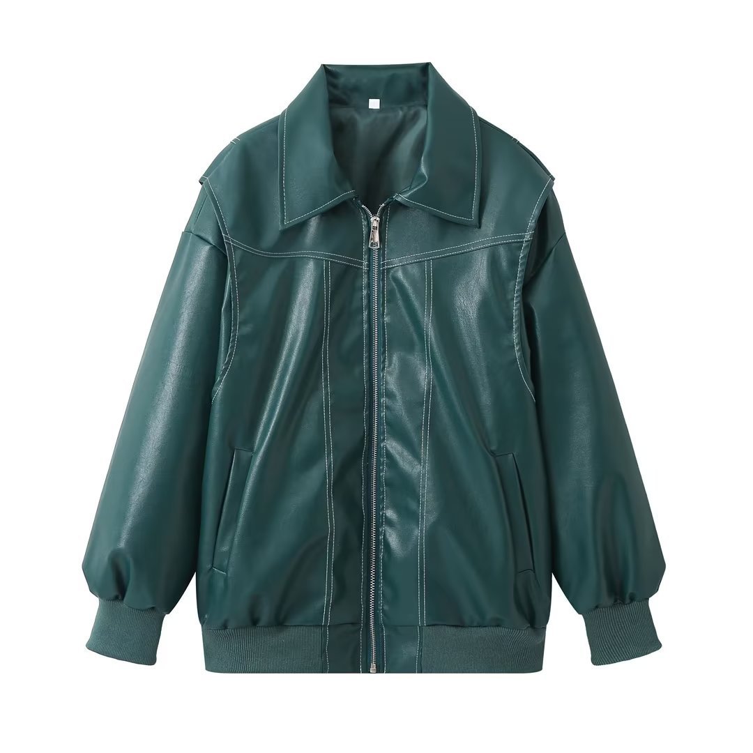 Loose Fashion Lapel Zip-up Long Sleeve Leather Jacket
