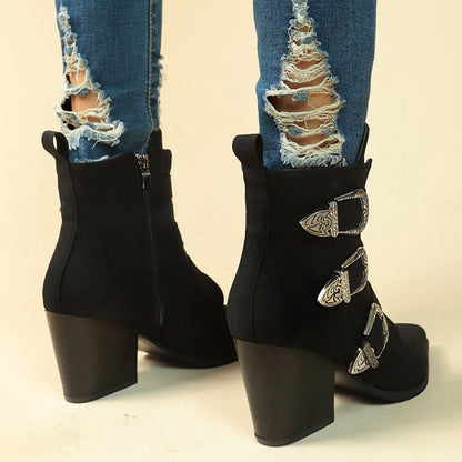 Pointed Toe Boots With Belt Buckle Retro Design - 16th Avenue