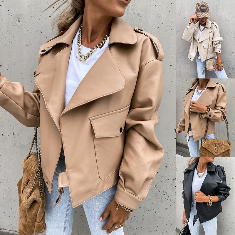 Women's Loose PU Leather Top Coat Jacket