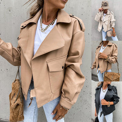 Women's Loose PU Leather Top Coat Jacket