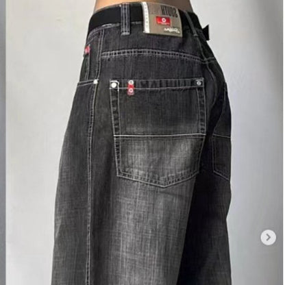 High Waist Retro Distressed Black Gray Wide-leg Jeans - 16th Avenue