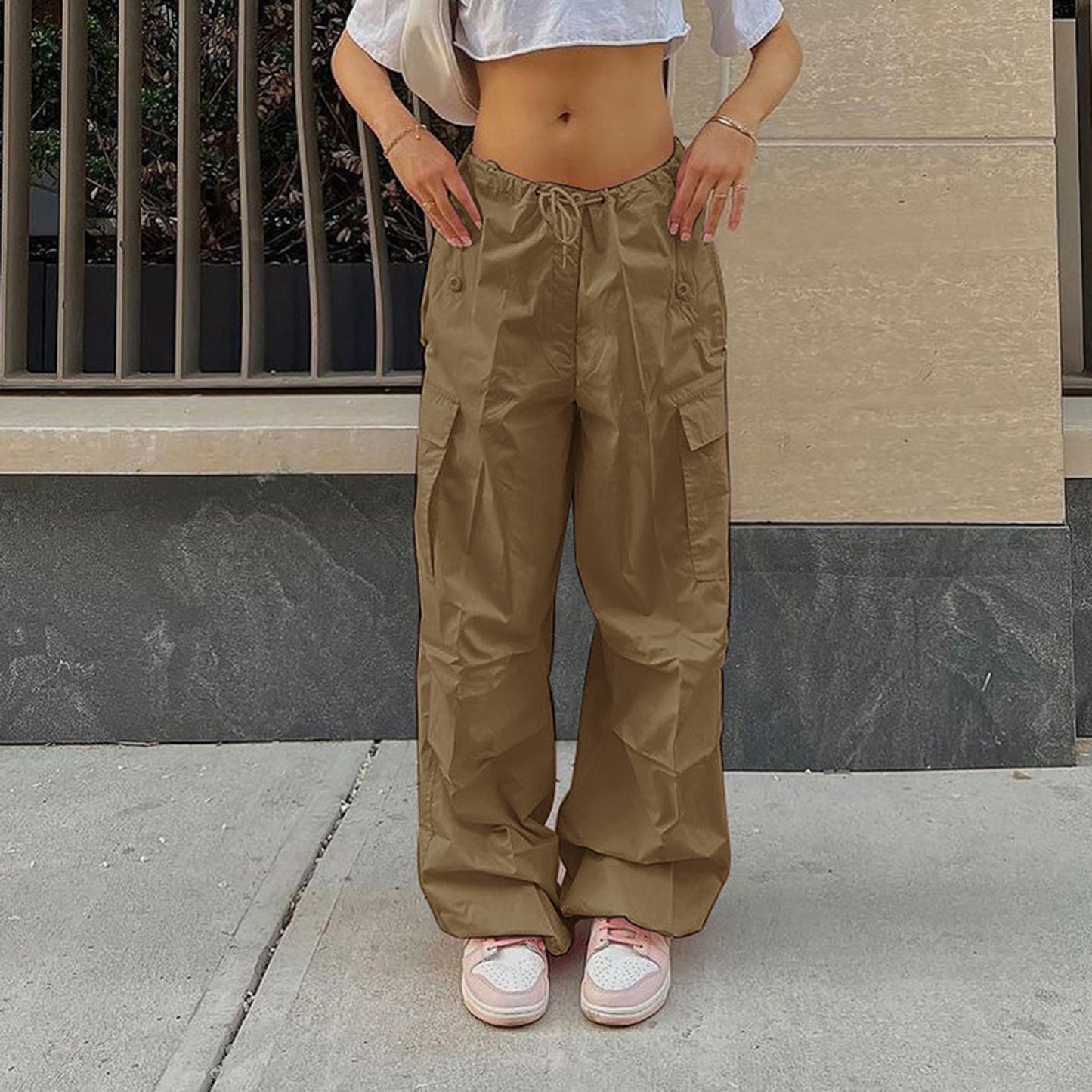 Casual Solid Color Drawstring Cargo Pants Pocket Design Street Fashion