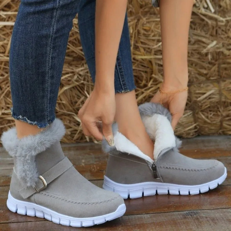 New Snow Boots Plush Ankle With Buckle Design Plus Velvet Flat Shoes