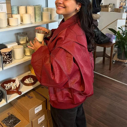 Loose Fashion Lapel Zip-up Long Sleeve Leather Jacket - 16th Avenue