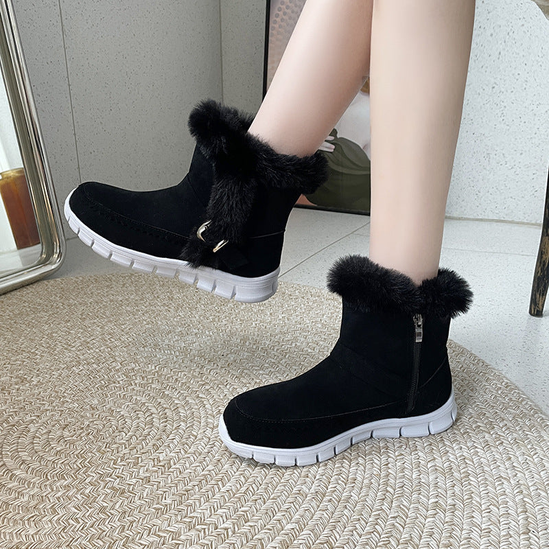 New Snow Boots Plush Ankle With Buckle Design Plus Velvet Flat Shoes