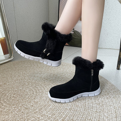 New Snow Boots Plush Ankle With Buckle Design Plus Velvet Flat Shoes - 16th Avenue
