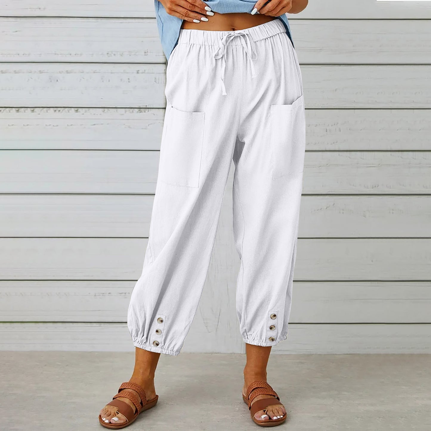 Women's Drawstring Spring Summer Cotton And Linen Trousers With Pockets Button