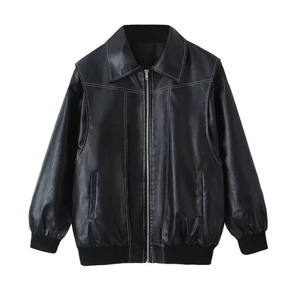 Loose Fashion Lapel Zip-up Long Sleeve Leather Jacket - 16th Avenue