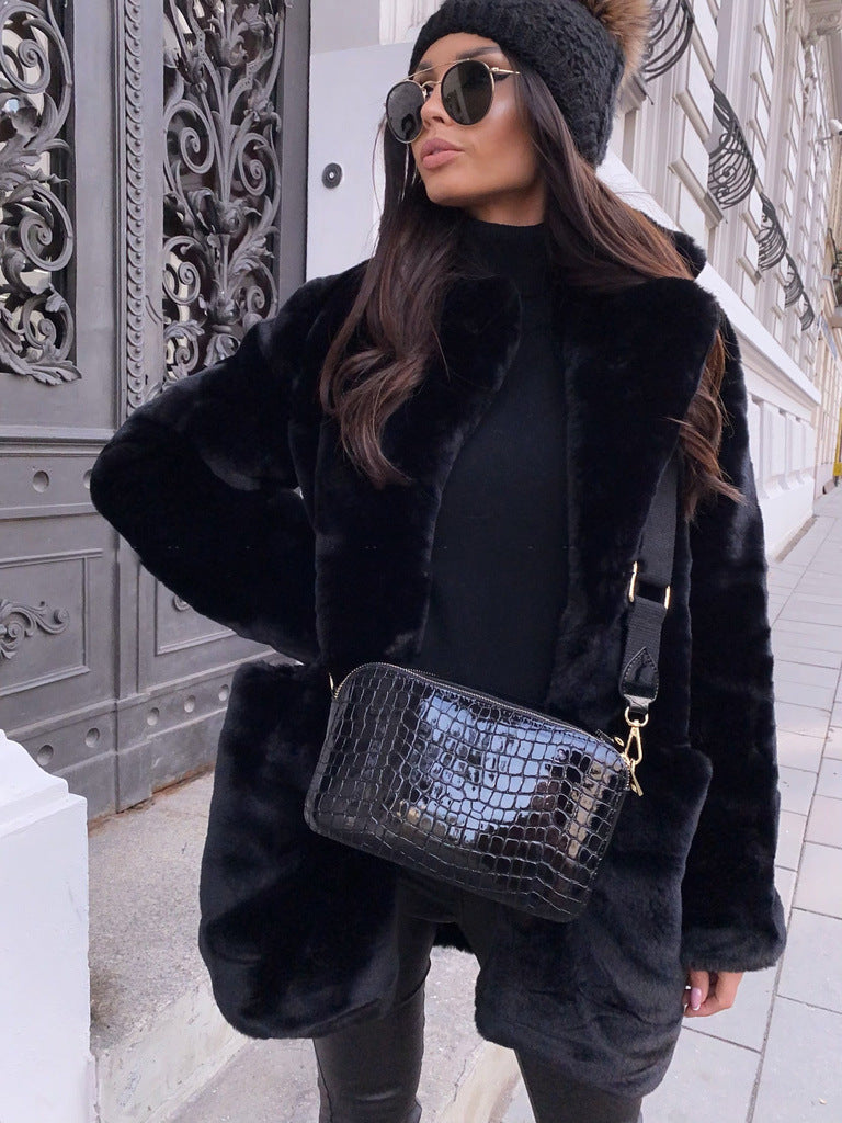 Temperament Long Sleeve Lapel Faux Fur Coat