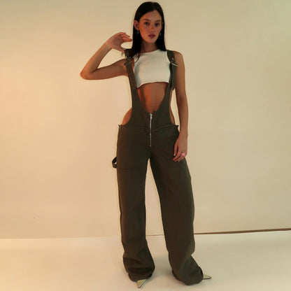 Y2K Zipper Denim Overalls Streetwear Fashion Loose Suspender Jumpsuit - 16th Avenue