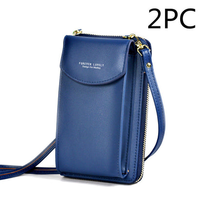 Blue crossbody phone purse with zipper, FOREVER LOVELY design, and 2PC label