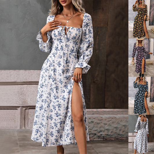 Flowers Print Long Sleeve Fashion Square-neck Bottom Slit Dress