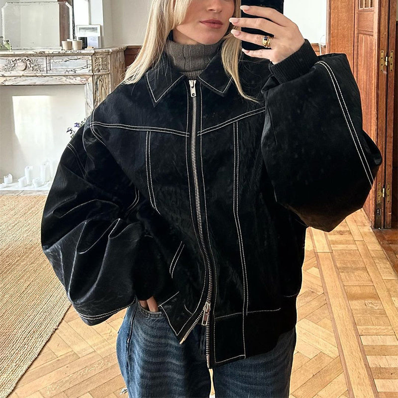 Loose Fashion Lapel Zip-up Long Sleeve Leather Jacket