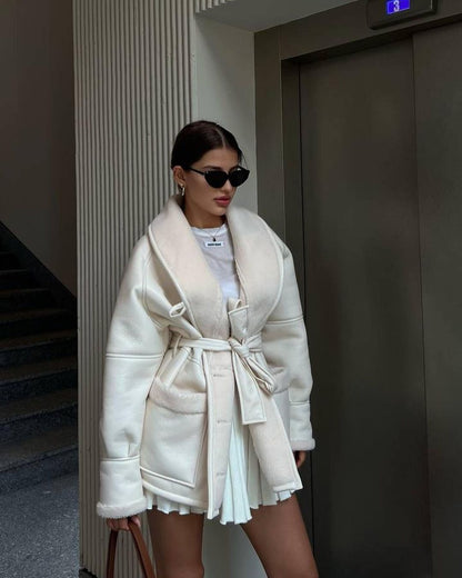 Women's Korean Style Leather And Fur Long Sleeve Coat