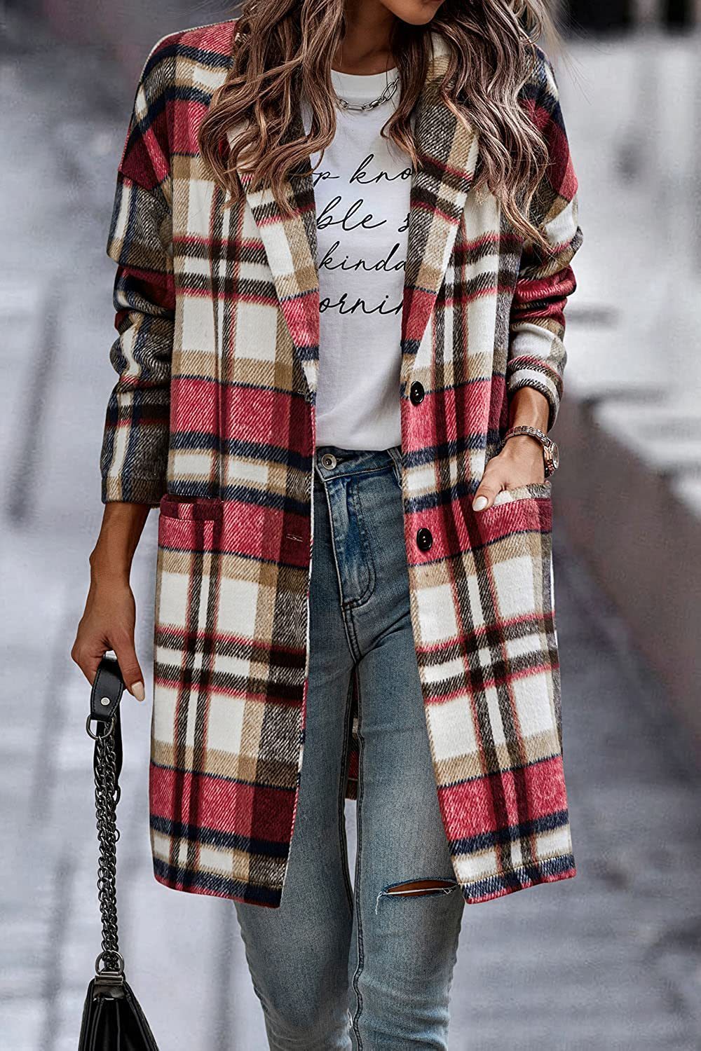 Fashion Plaid Long Jacket Autumn And Winter Turndown Collar Woolen Coat