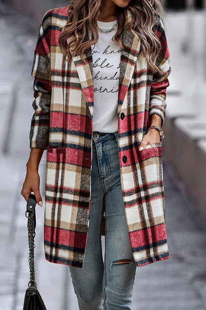 Fashion Plaid Long Jacket Autumn And Winter Turndown Collar Woolen Coat
