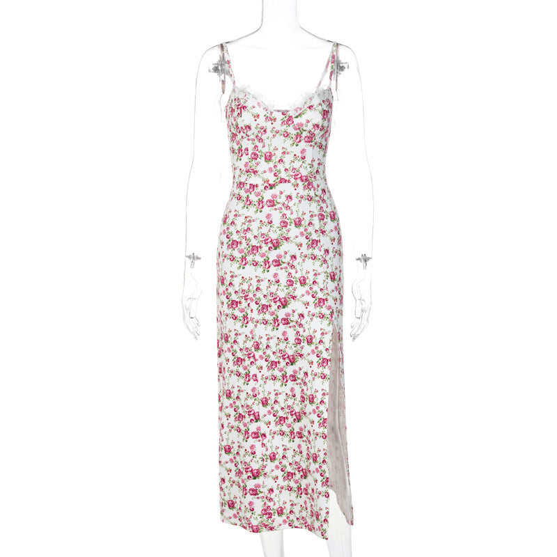 Summer Lace Flowers Print Long Sexy Fashion Slit Suspender Dress