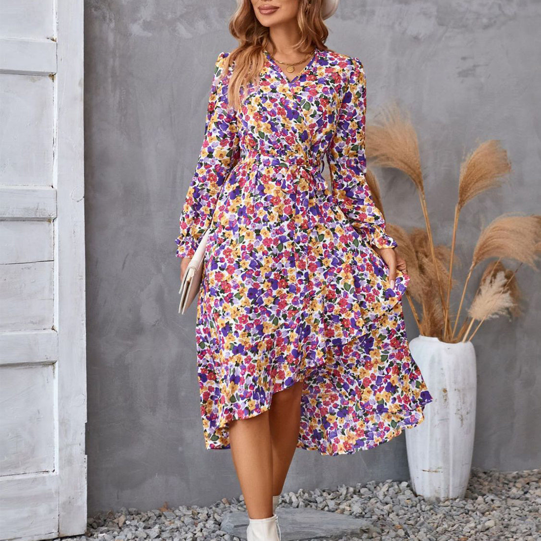 Flowers Print Long Sleeve Ruffled Commuter Temperament Dress