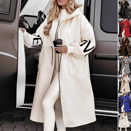 Women's Hooded Long Jacket Knit-Sleeved Trench Coat