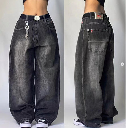 High Waist Retro Distressed Black Gray Wide-leg Jeans - 16th Avenue
