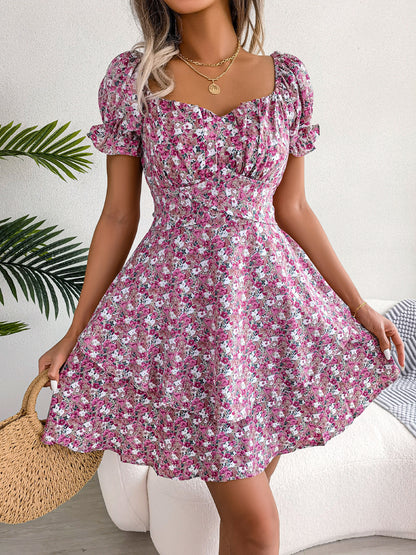 Women Mini Dress Temperament Big Swing Loose Hem Flower Print - 16th Avenue
