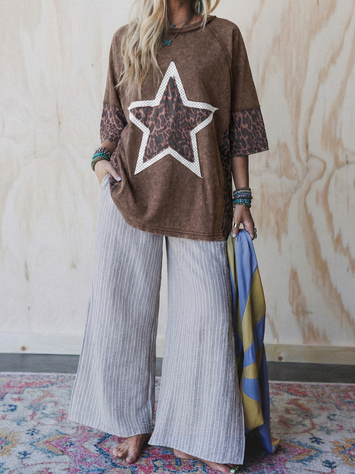 16th Avenue Five-pointed Star Leopard Print Old T-shirt - Women's Clothing