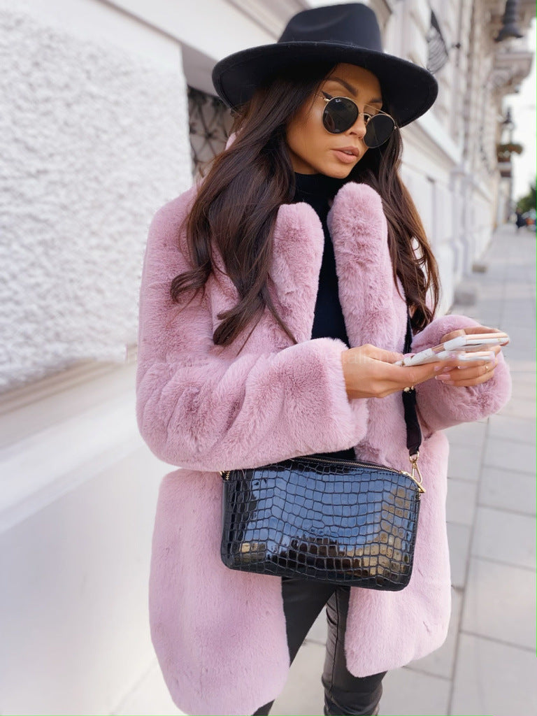 Temperament Long Sleeve Lapel Faux Fur Coat
