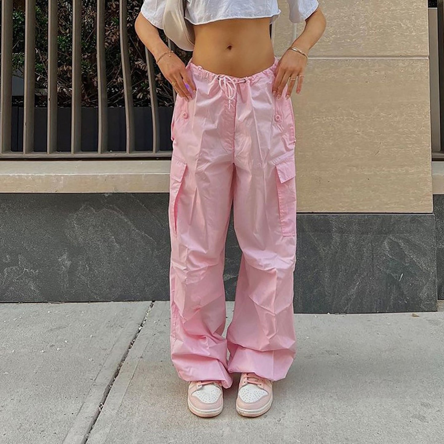 Casual Solid Color Drawstring Cargo Pants Pocket Design Street Fashion