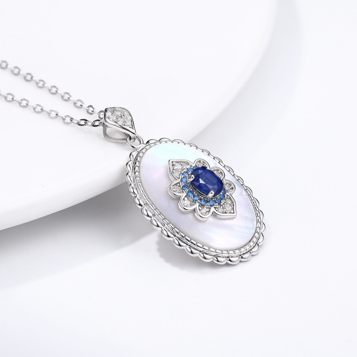 Sapphire Diamond Pendant 925 Sterling Silver Chain Necklace