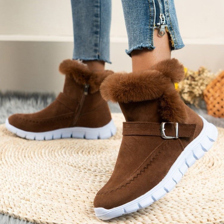 New Snow Boots Plush Ankle With Buckle Design Plus Velvet Flat Shoes